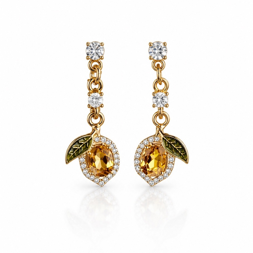 Gold-Tone Citrine Drop Earrings with Green Leaf